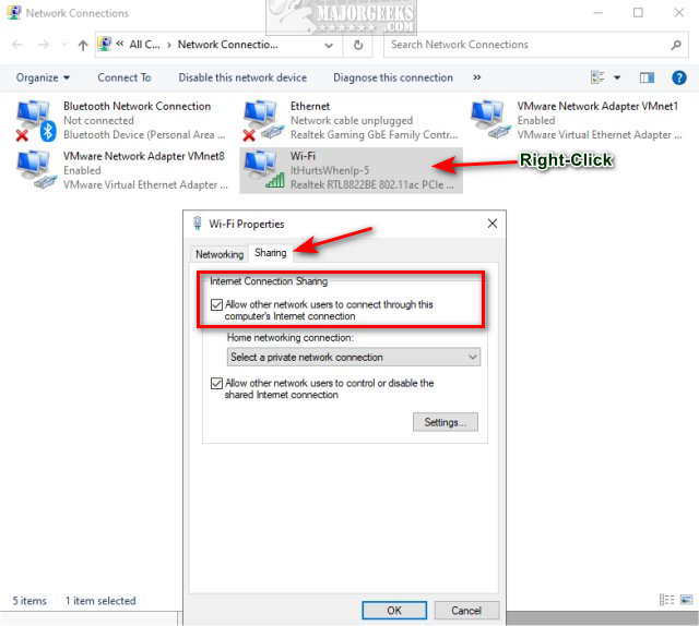 Click the box next to Allow other network users to connect through this